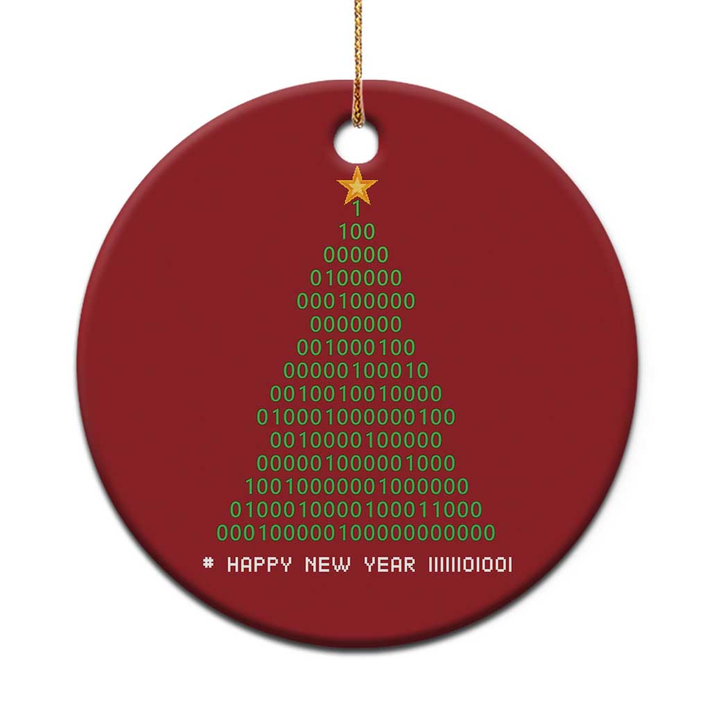 Red round Christmas ornament with gold star, binary text, and “Happy New Year” at bottom.
