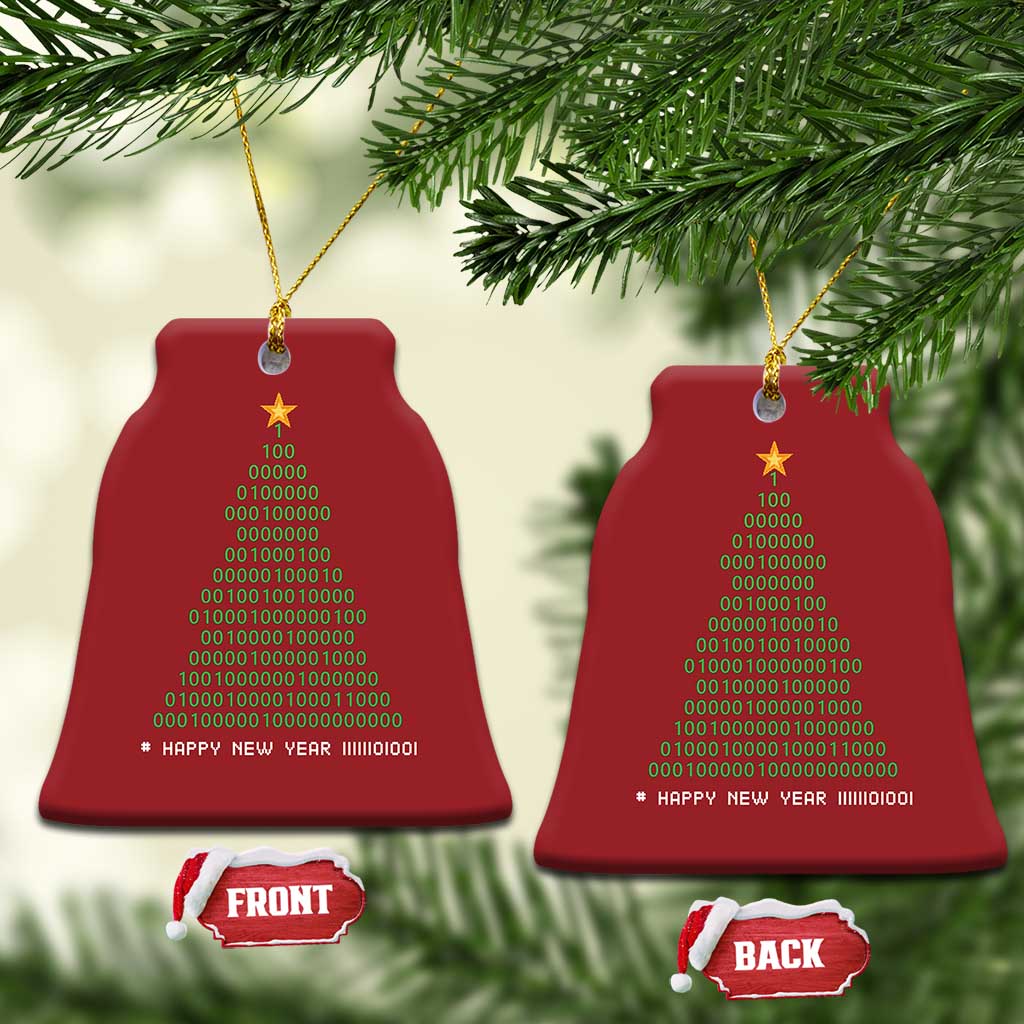 Red Christmas tree-shaped ornament with gold star, binary “Happy New Year” text, and hanging cord.