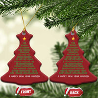 Two red Christmas tree-shaped ornaments with gold star, binary “Happy New Year” text, on cords.