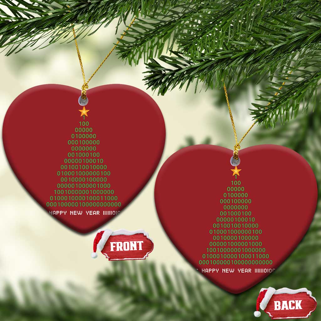 Two red heart-shaped Christmas ornaments with gold star and binary “Happy New Year” text on cords.