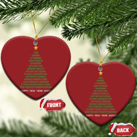 Two red heart-shaped Christmas ornaments with gold star and binary “Happy New Year” text on cords.
