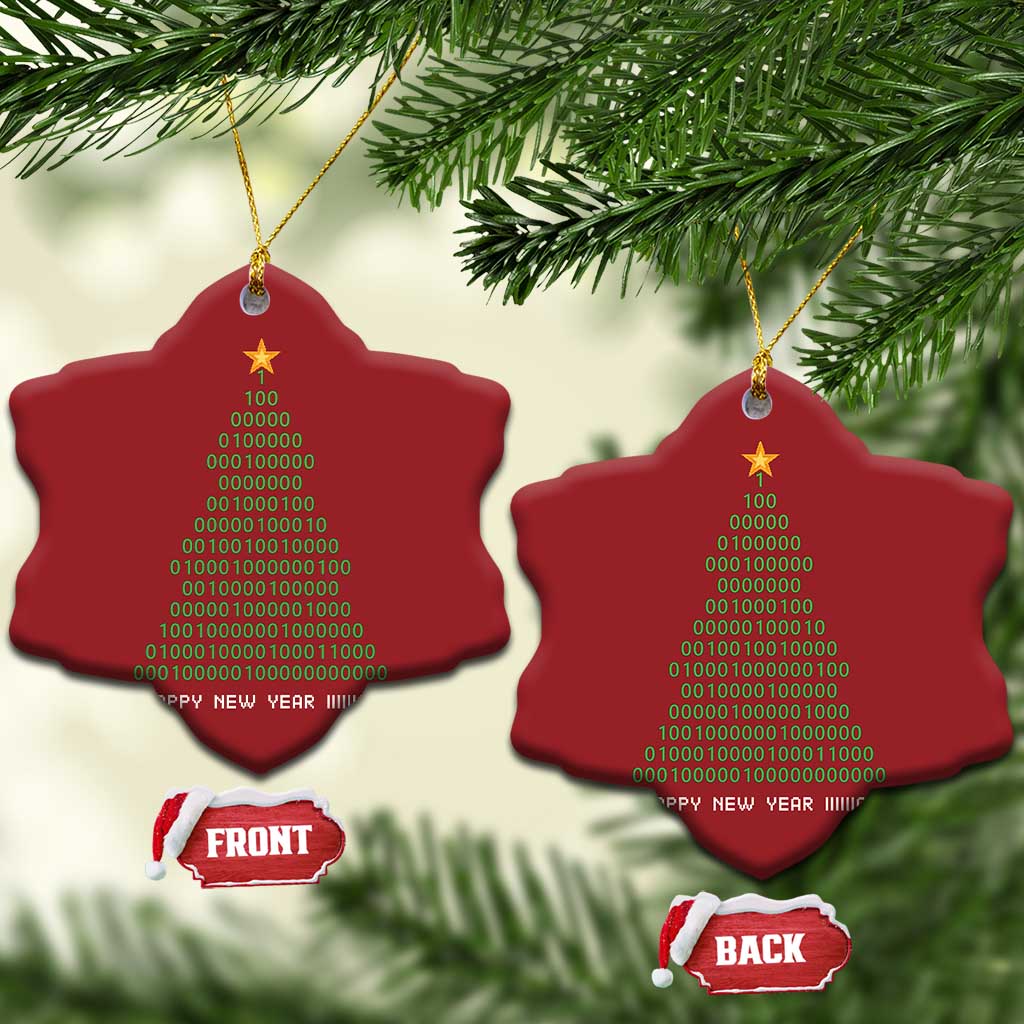 Two red snowflake-shaped Christmas ornaments with gold star, binary “Happy New Year” text, on cords.