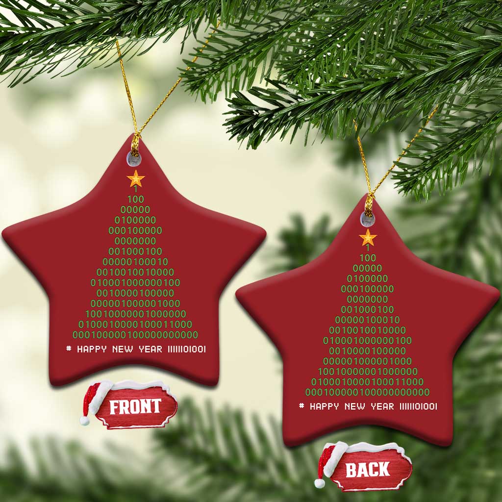 Two red star-shaped Christmas ornaments with gold star details, binary “Happy New Year” text on cords.