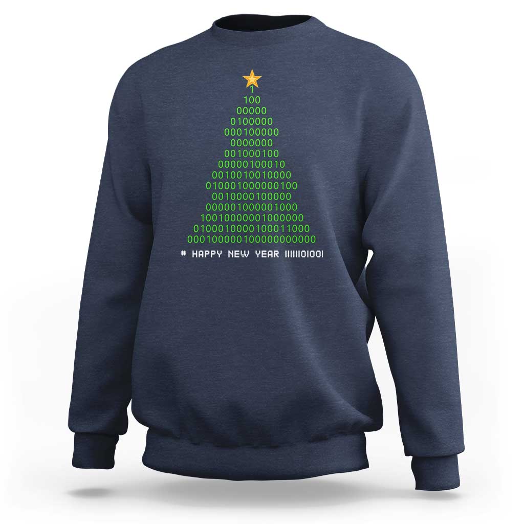 Navy crewneck sweatshirt with binary Christmas tree and "HAPPY NEW YEAR" text.