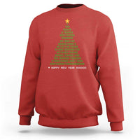 Red crewneck sweatshirt with binary Christmas tree and "HAPPY NEW YEAR" text.