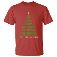 Red graphic T-shirt with green binary Christmas tree, star, and 'HAPPY NEW YEAR' text