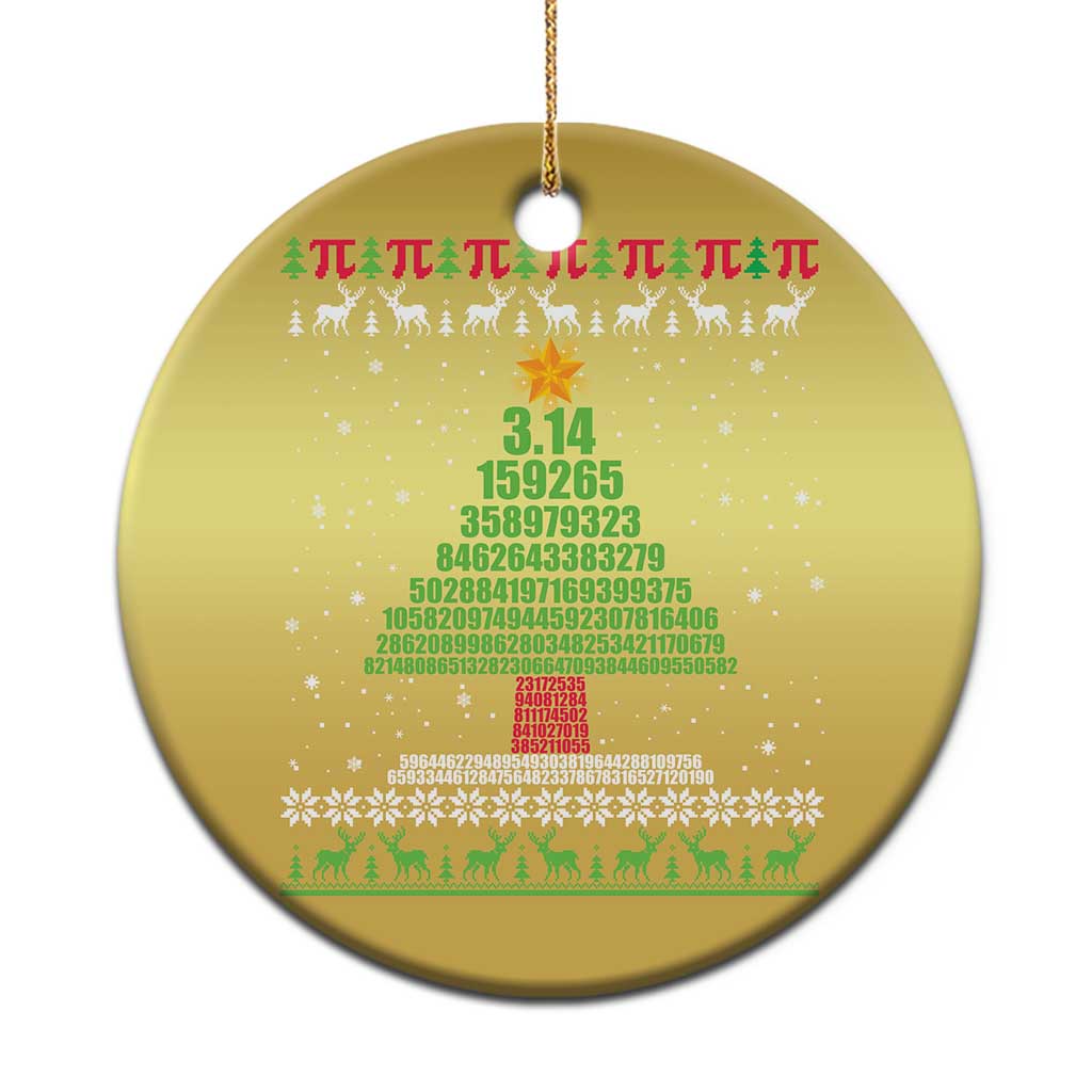 Gold round Christmas ornament with pi 3.14 numbers and holiday tree pattern