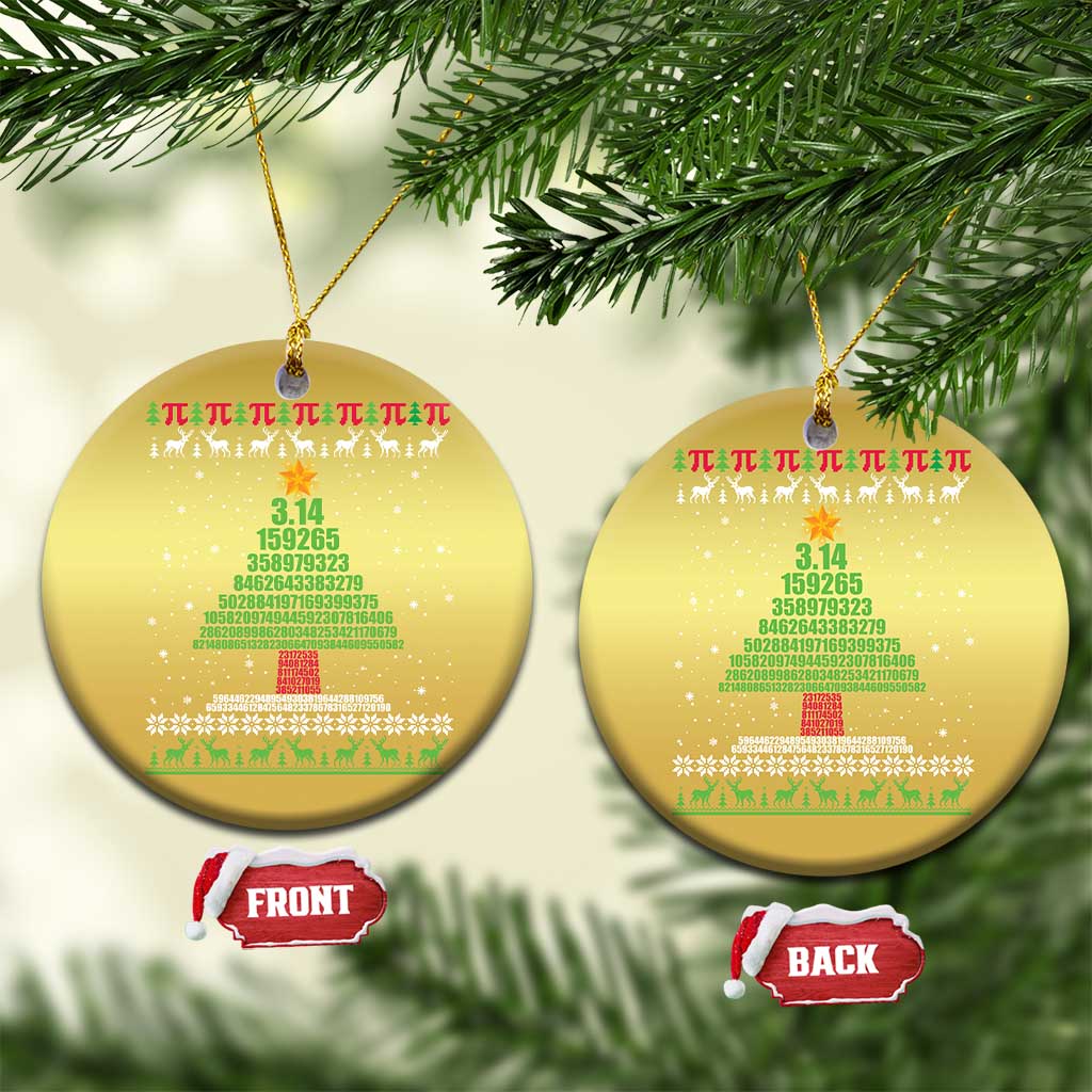 Gold round Christmas ornaments with pi 3.14 design, two views marked front and back