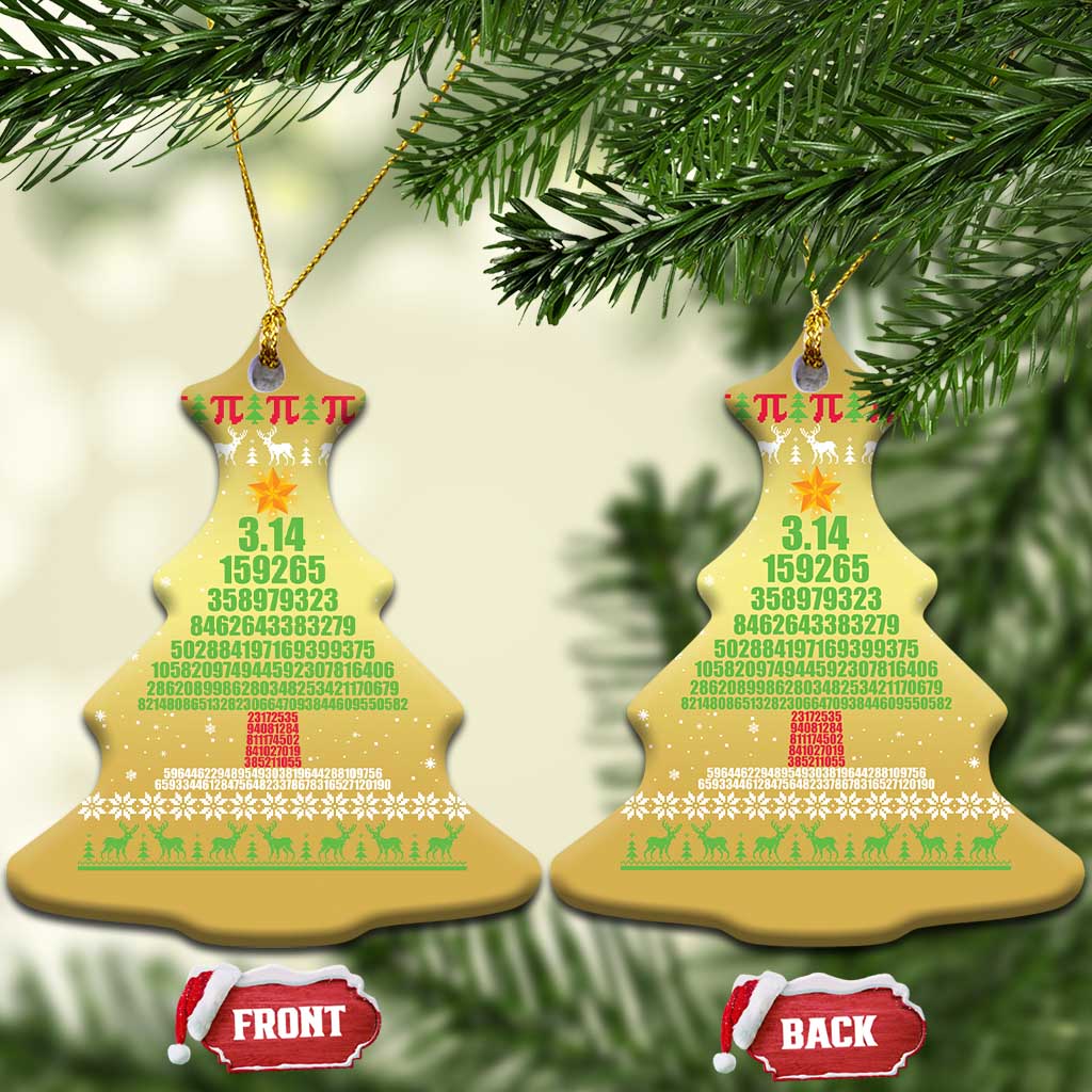 Gold Christmas tree-shaped ornament with pi 3.14 numbers and festive village pattern