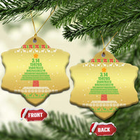 Gold star-shaped Christmas ornament with pi 3.14 numbers and festive tree border