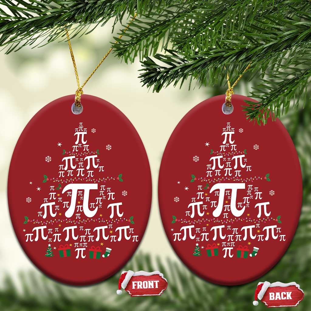 Pair of red round ornaments with pi symbols and holiday icons, hanging from gold strings.