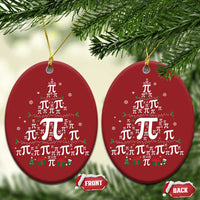 Pair of red round ornaments with pi symbols and holiday icons, hanging from gold strings.