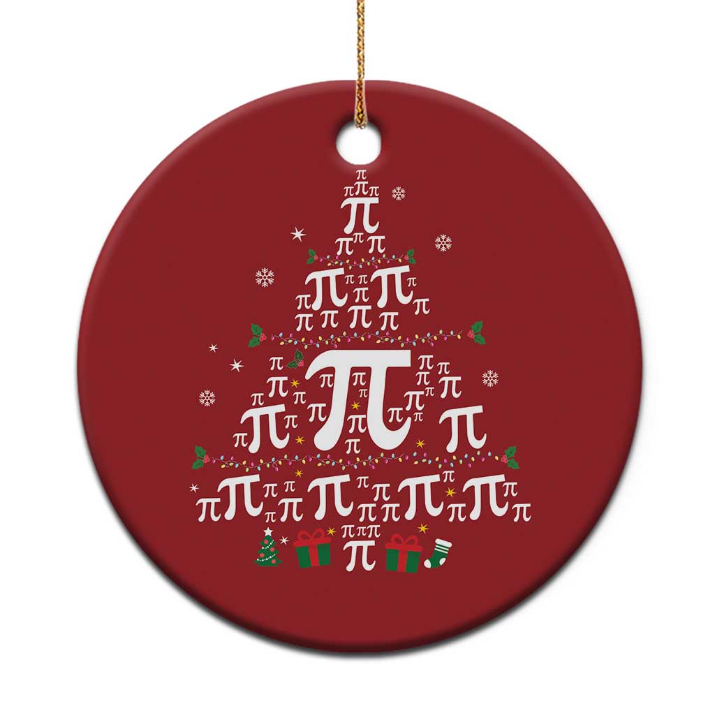 Red round Christmas ornament with pi symbols and festive tree, holly, gift icons.