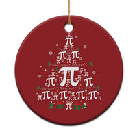 Red round Christmas ornament with pi symbols and festive tree, holly, gift icons.