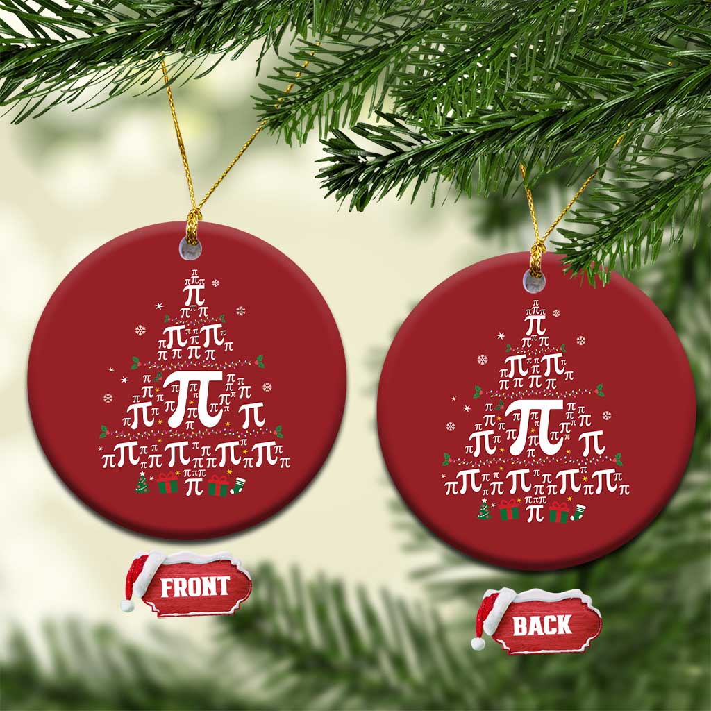 Pair of red round ornaments with pi symbol pattern, hanging from gold strings.