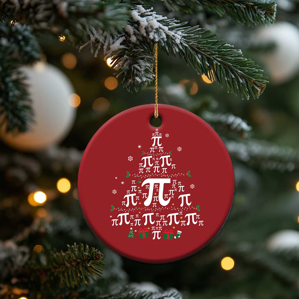 Red round Christmas ornament with pi symbols arranged in a tree and small snowflakes.