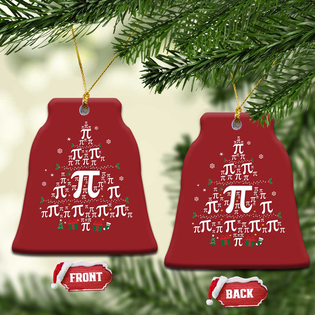 Red Christmas tree-shaped ornament with pi symbols and small gift and holly icons.