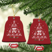 Red Christmas tree-shaped ornament with pi symbols and small gift and holly icons.
