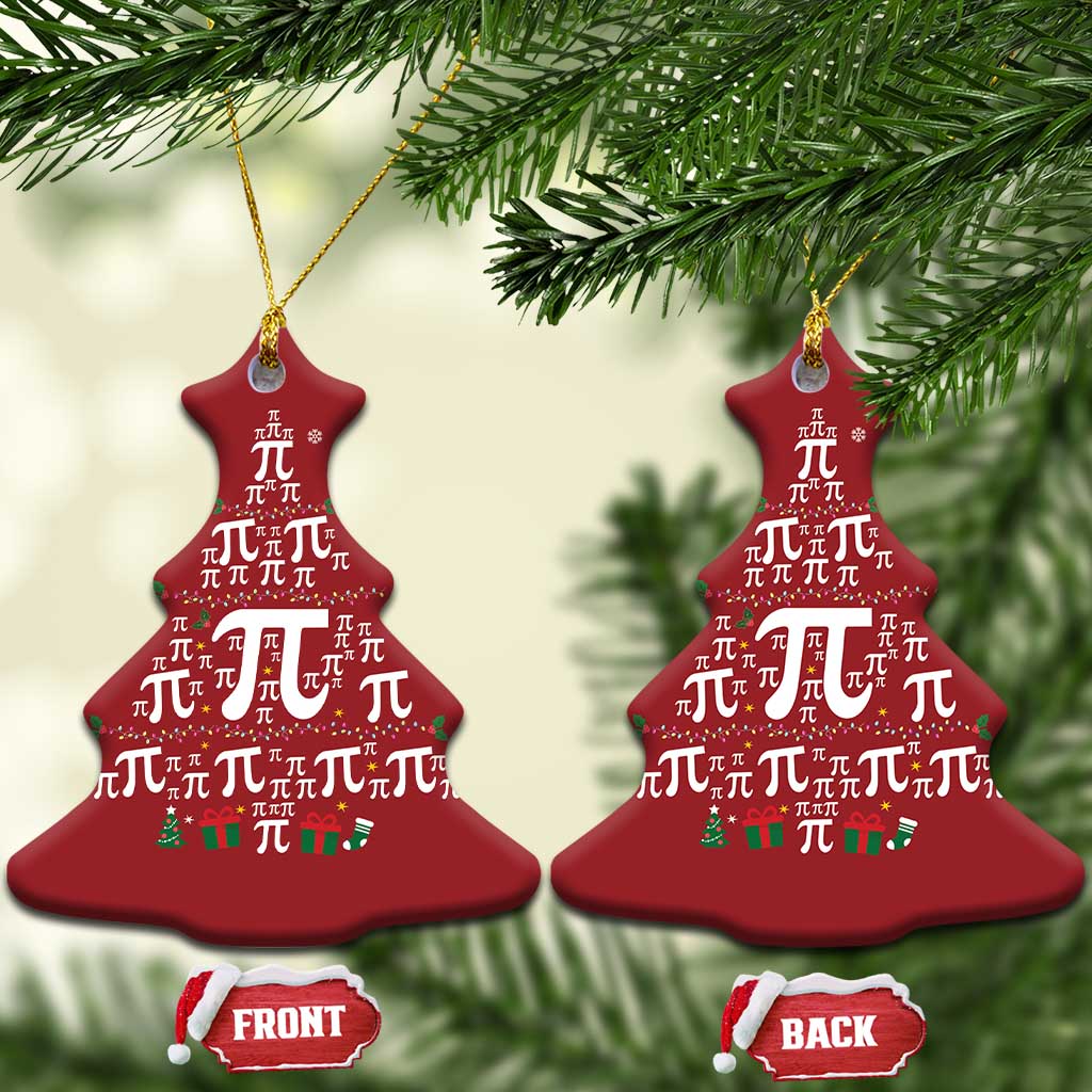 Pair of red Christmas tree ornaments with pi symbol pattern, hanging from gold strings.