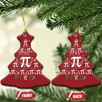 Pair of red Christmas tree ornaments with pi symbol pattern, hanging from gold strings.