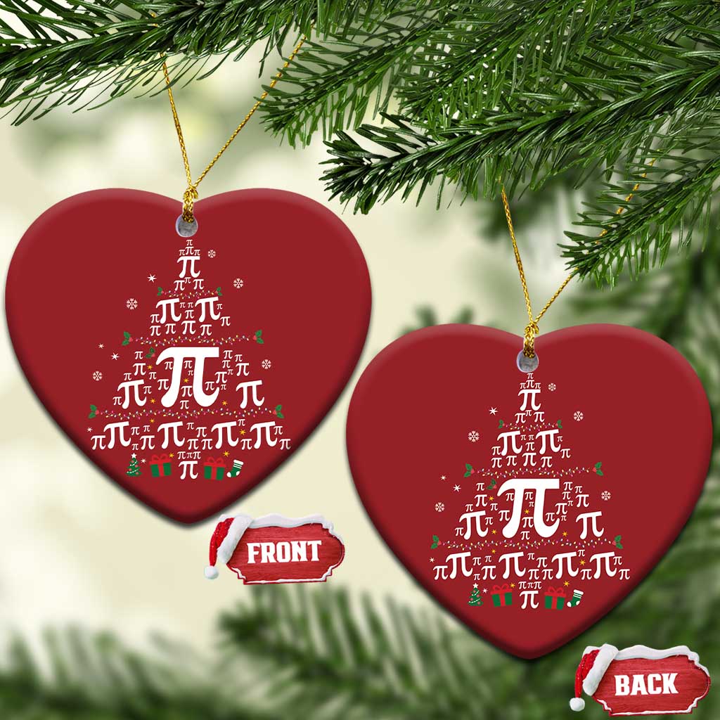 Red heart-shaped ornament with pi symbols and small festive tree and gift icons.