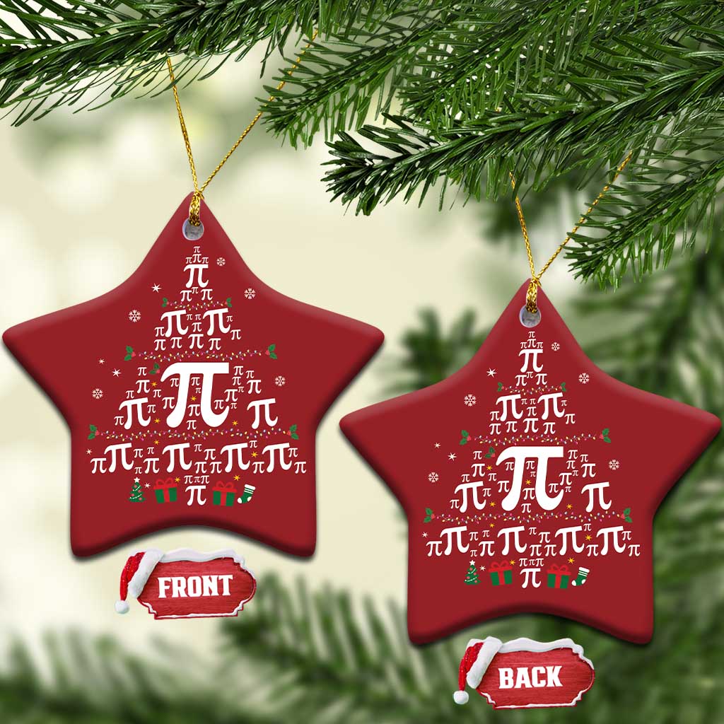 Pair of red star-shaped ornaments with pi symbols and small snowflake, gift icons.