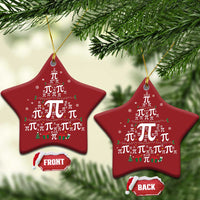 Pair of red star-shaped ornaments with pi symbols and small snowflake, gift icons.