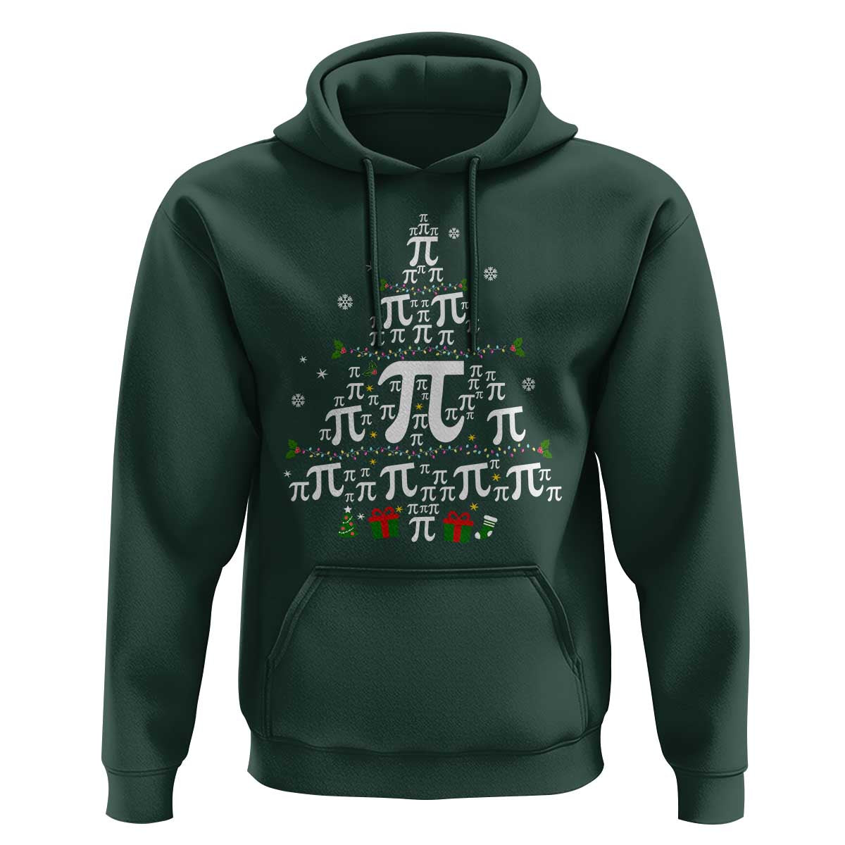 Dark forest green Christmas math teacher hoodie with pi symbol Christmas tree graphic