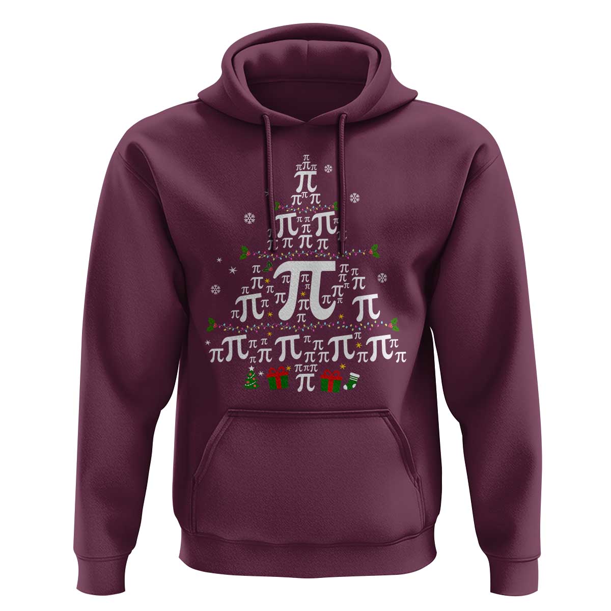 Maroon Christmas math teacher hoodie with pi symbol Christmas tree graphic