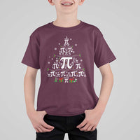 Kids' graphic math T-shirt in maroon with Christmas pi symbols and tree