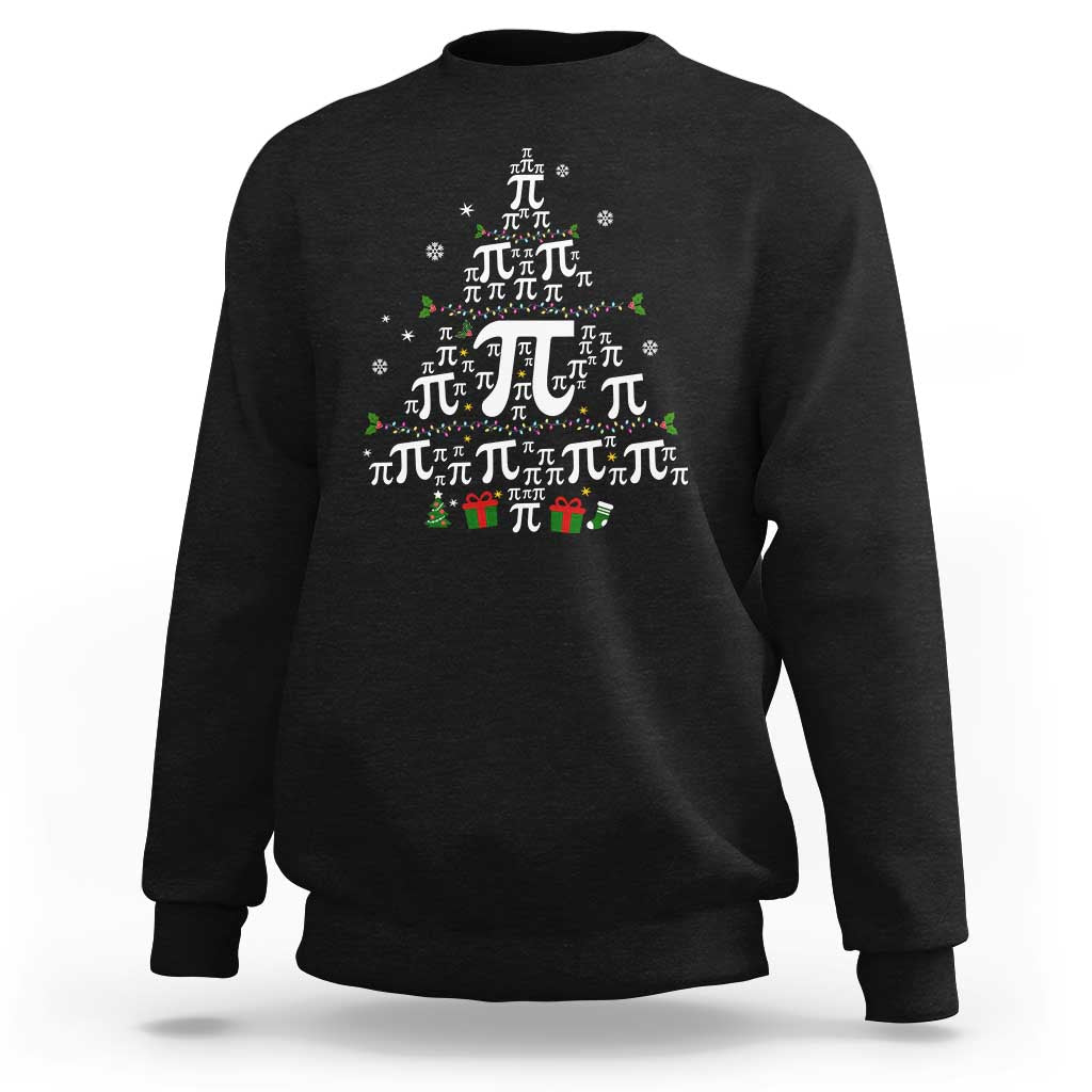 Black crewneck sweatshirt with holiday pi and Christmas tree graphic