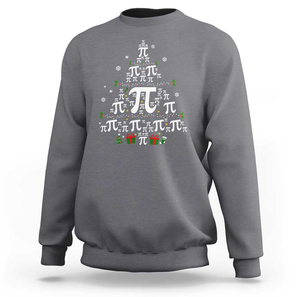 Charcoal crewneck sweatshirt with holiday pi and Christmas tree graphic