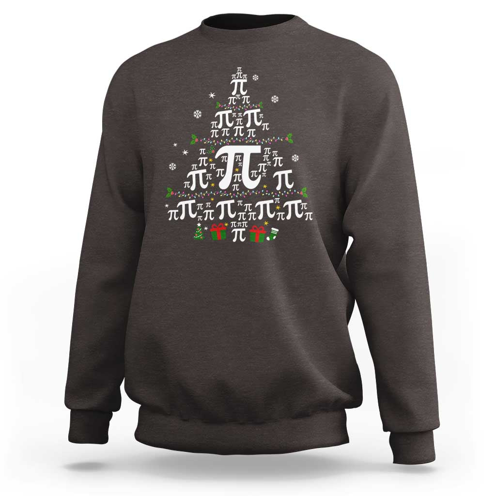 Dark chocolate crewneck sweatshirt with holiday pi and Christmas tree graphic