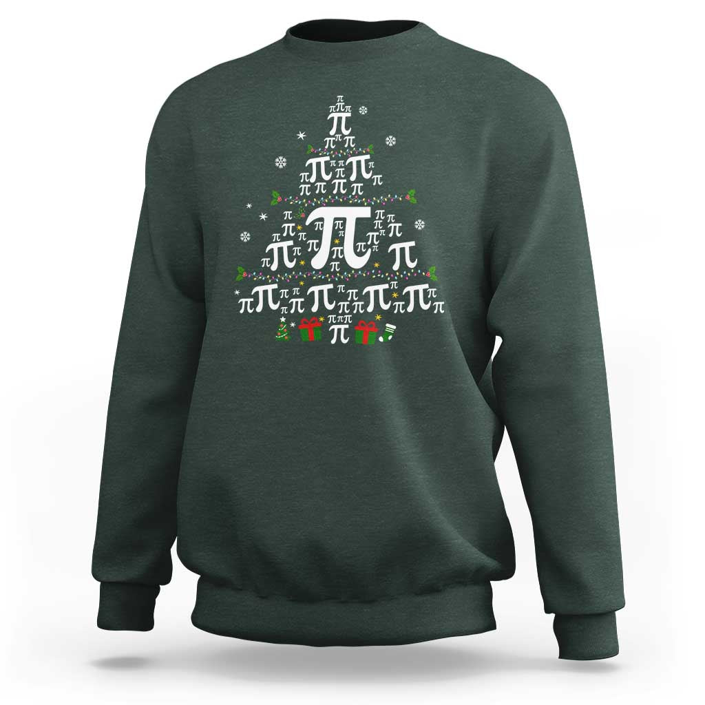 Dark forest green crewneck sweatshirt with holiday pi and Christmas tree graphic