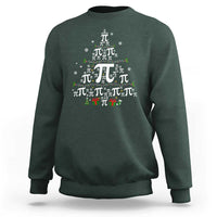Dark forest green crewneck sweatshirt with holiday pi and Christmas tree graphic