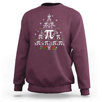 Maroon crewneck sweatshirt with holiday pi and Christmas tree graphic