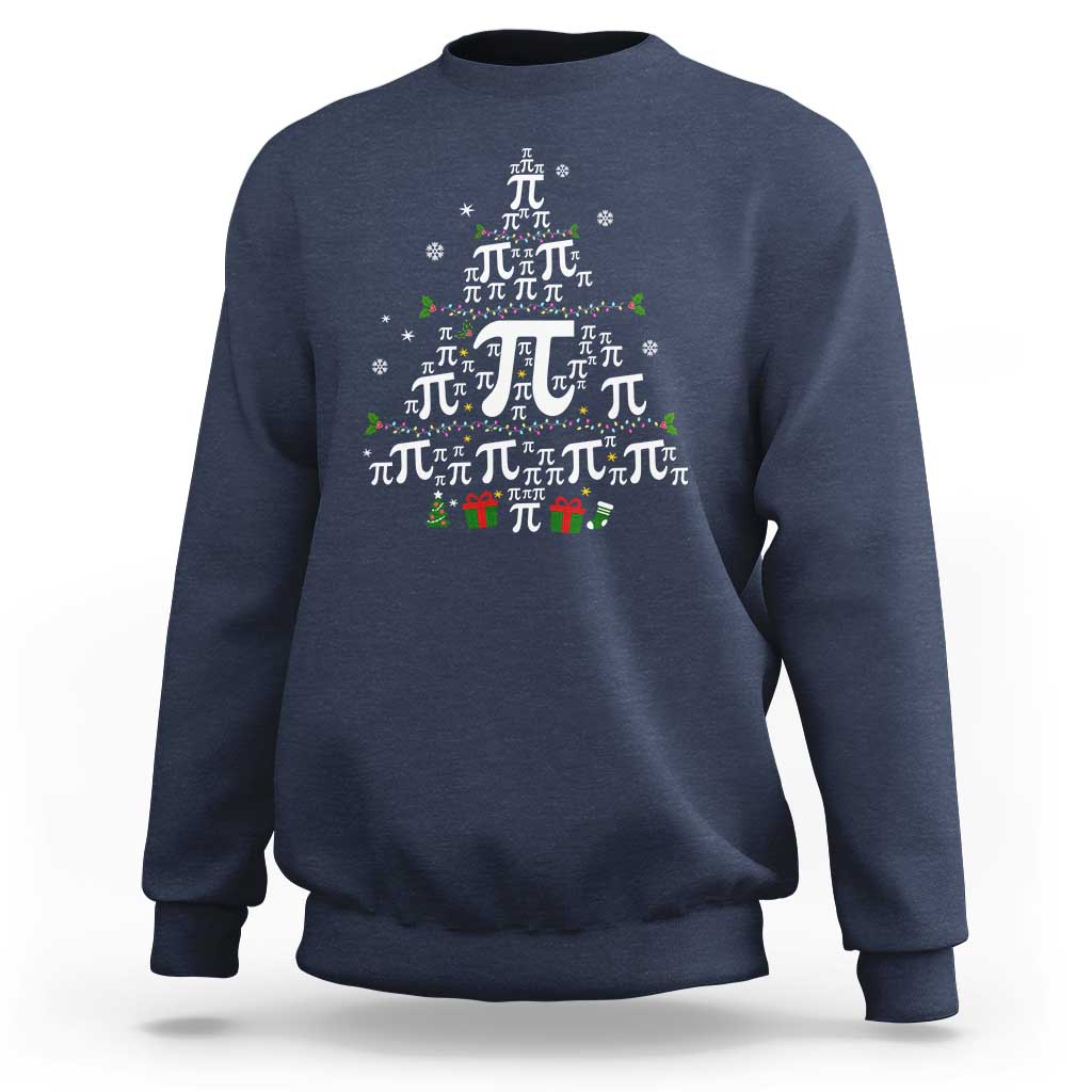 Navy crewneck sweatshirt with holiday pi and Christmas tree graphic