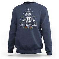Navy crewneck sweatshirt with holiday pi and Christmas tree graphic