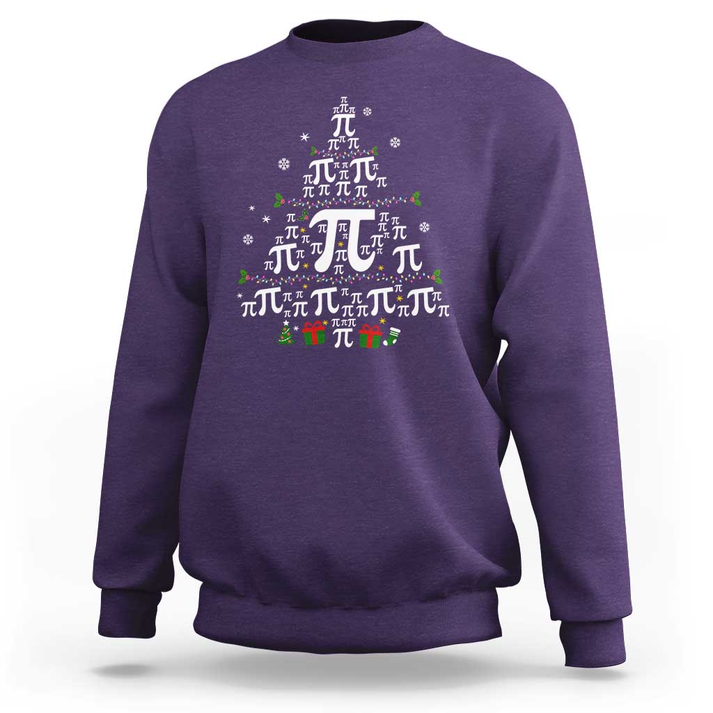 Purple crewneck sweatshirt with holiday pi and Christmas tree graphic