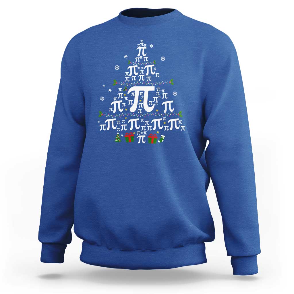 Royal blue crewneck sweatshirt with holiday pi and Christmas tree graphic