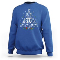 Royal blue crewneck sweatshirt with holiday pi and Christmas tree graphic