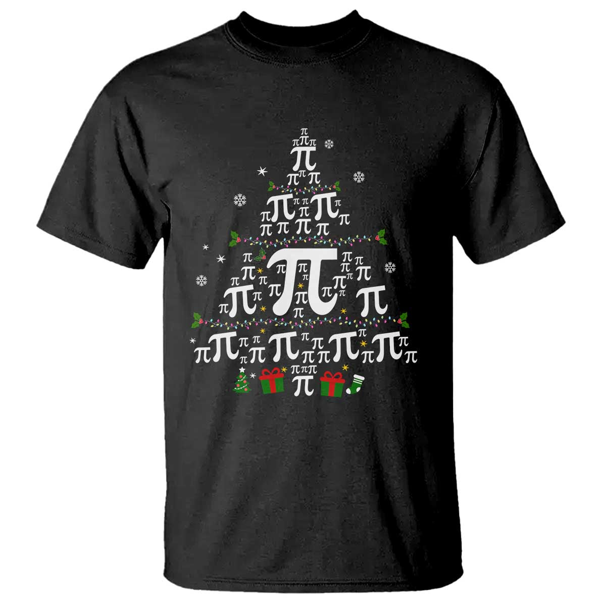 Black crewneck T-shirt with colorful pi-symbol Christmas tree graphic