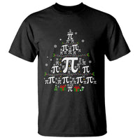 Black crewneck T-shirt with colorful pi-symbol Christmas tree graphic