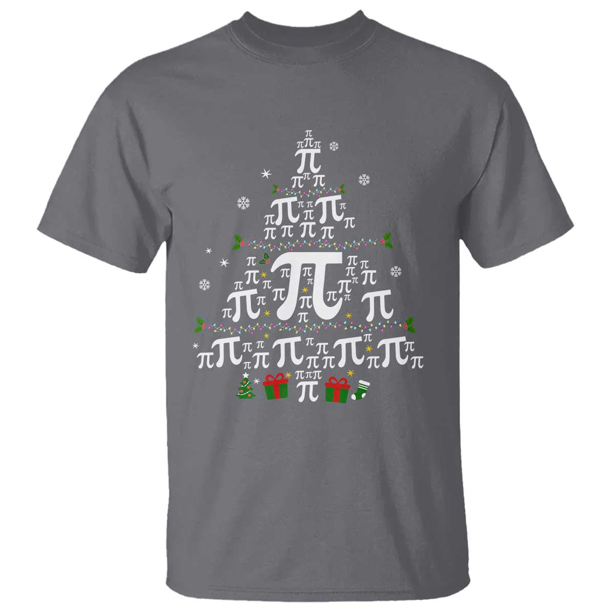Charcoal crewneck T-shirt with colorful pi-symbol Christmas tree graphic