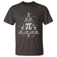 Dark chocolate crewneck T-shirt with colorful pi-symbol Christmas tree graphic