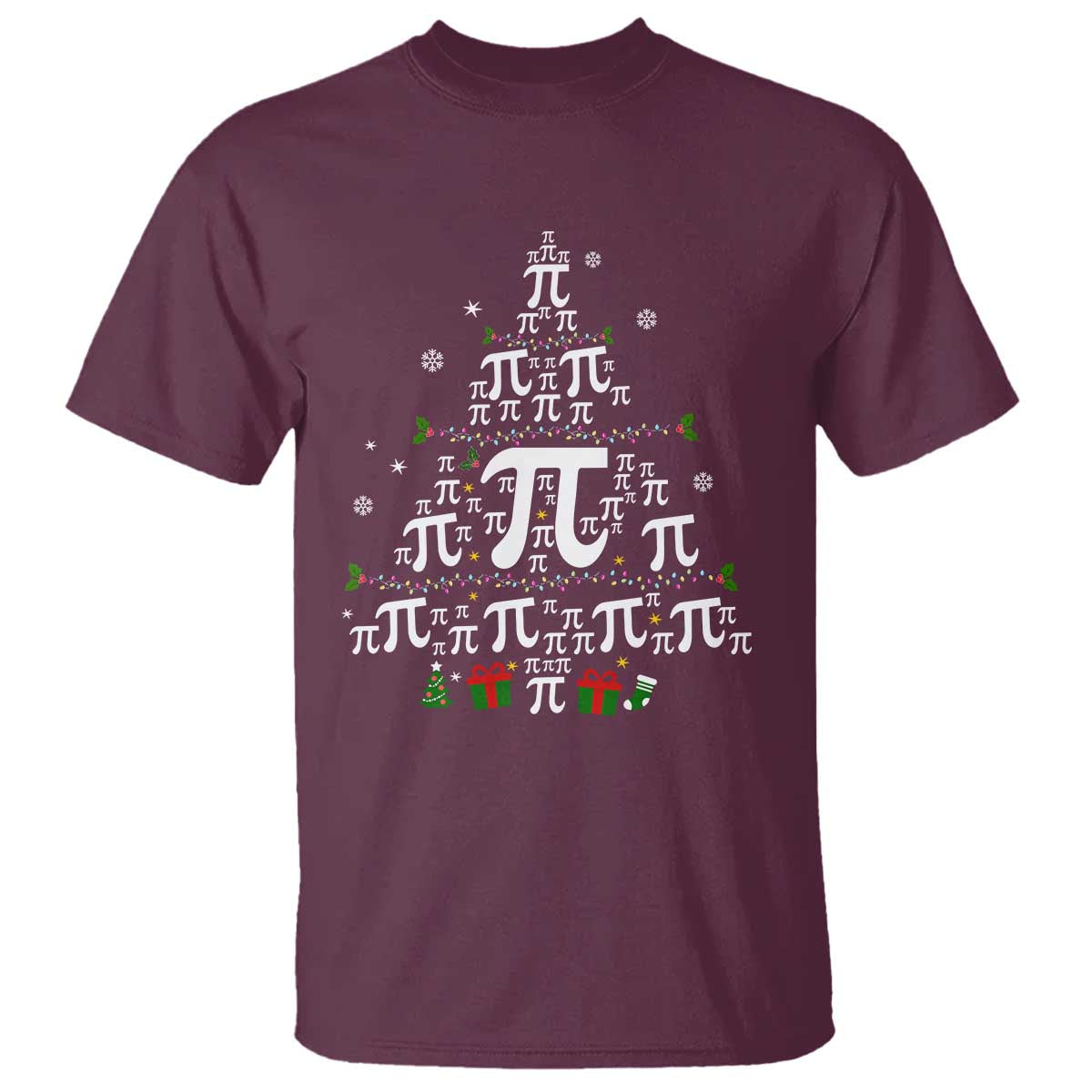 Maroon crewneck T-shirt with colorful pi-symbol Christmas tree graphic
