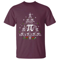 Maroon crewneck T-shirt with colorful pi-symbol Christmas tree graphic