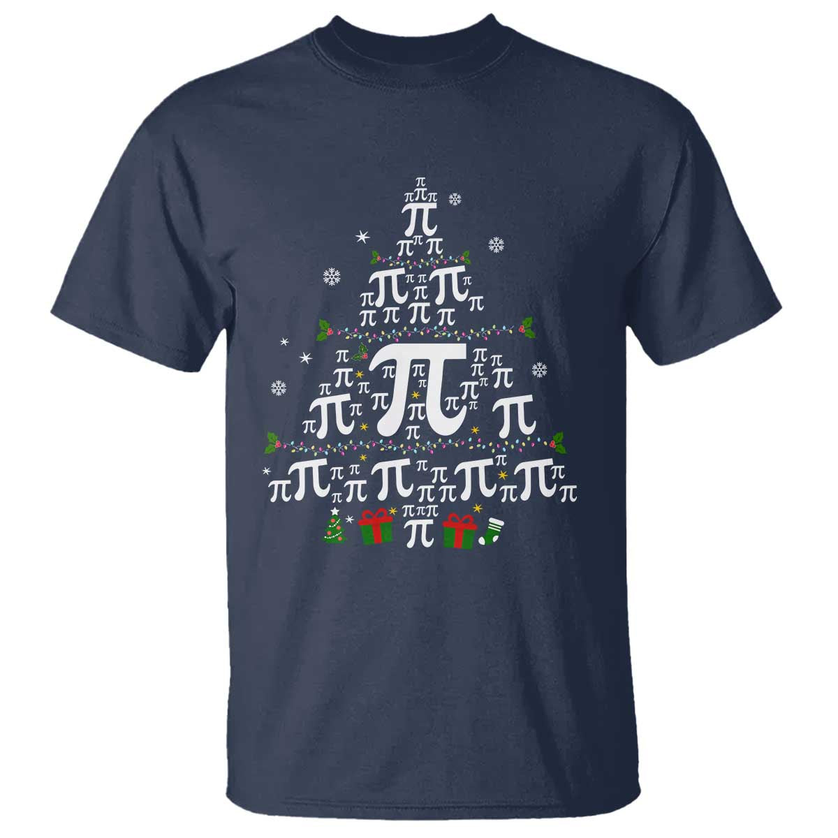 Navy crewneck T-shirt with colorful pi-symbol Christmas tree graphic