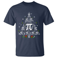 Navy crewneck T-shirt with colorful pi-symbol Christmas tree graphic