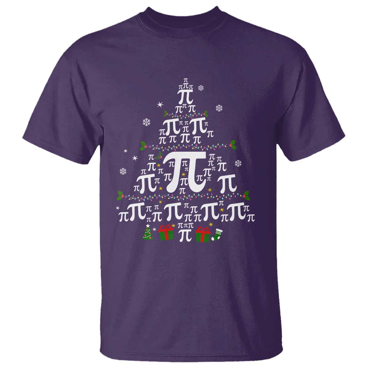 Purple crewneck T-shirt with colorful pi-symbol Christmas tree graphic